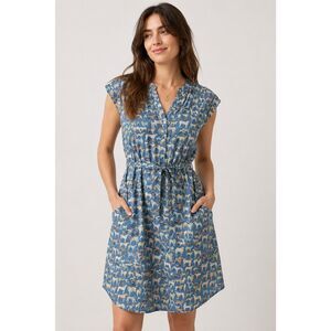 SM Wardrobe Dog Print Cotton Tie Waist Dress XL Blue Novelty Pockets